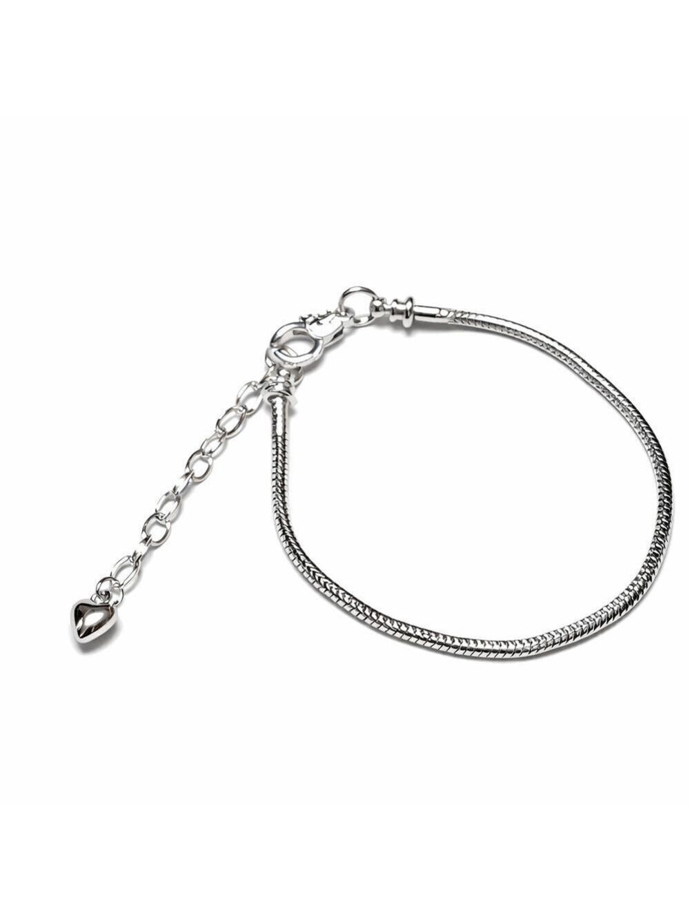 Silver Tone Heart Charm Snake Chain Bracelet Adjustable - New